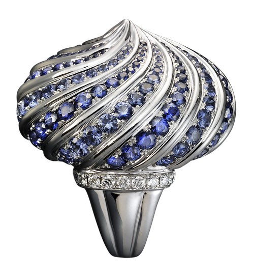 Кольцо "Екатерина": Белое золото, бриллианты, пастельные и синие сапфиры