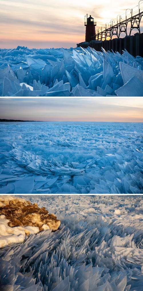 Из-за низкой температуры озеро Мичиган раскололось на бесчисленные куски льда