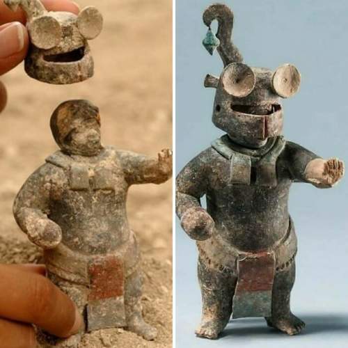 1500-летняя керамическая статуэтка майя со съемным шлемом, из Эль-Перу-Вака, Петен, Гватемала